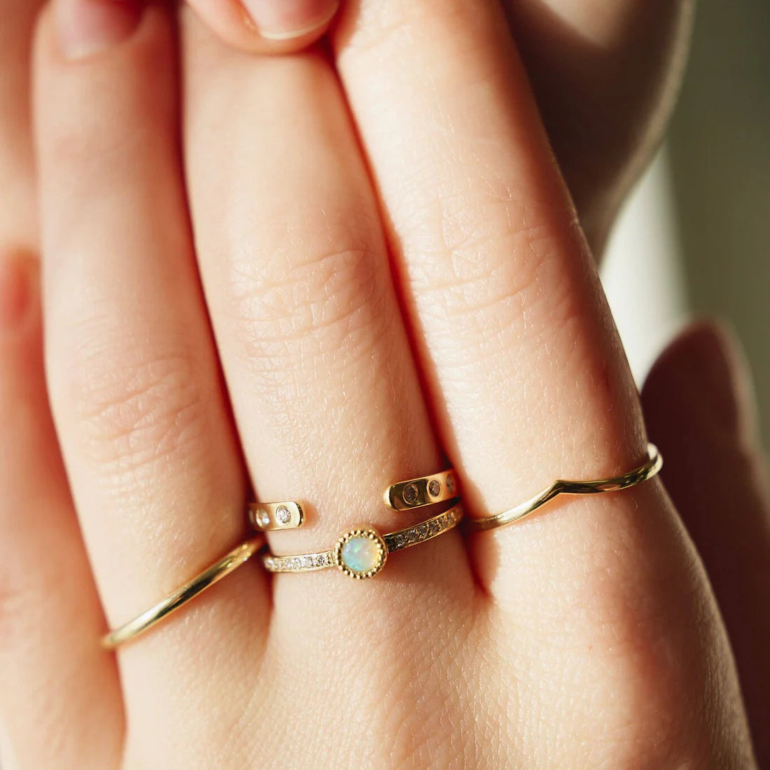 Gold Ring with Round Opal and Diamonds