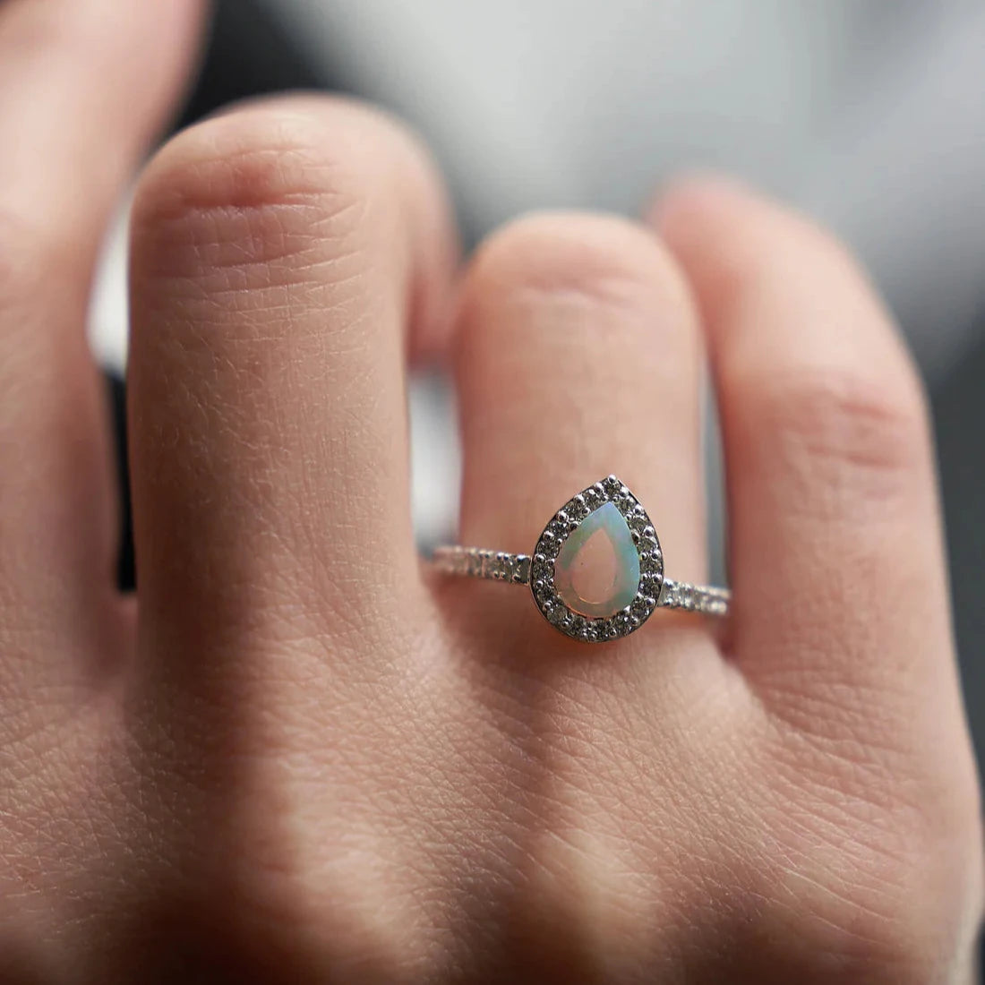Gold Ring with Pear Opal and Diamonds
