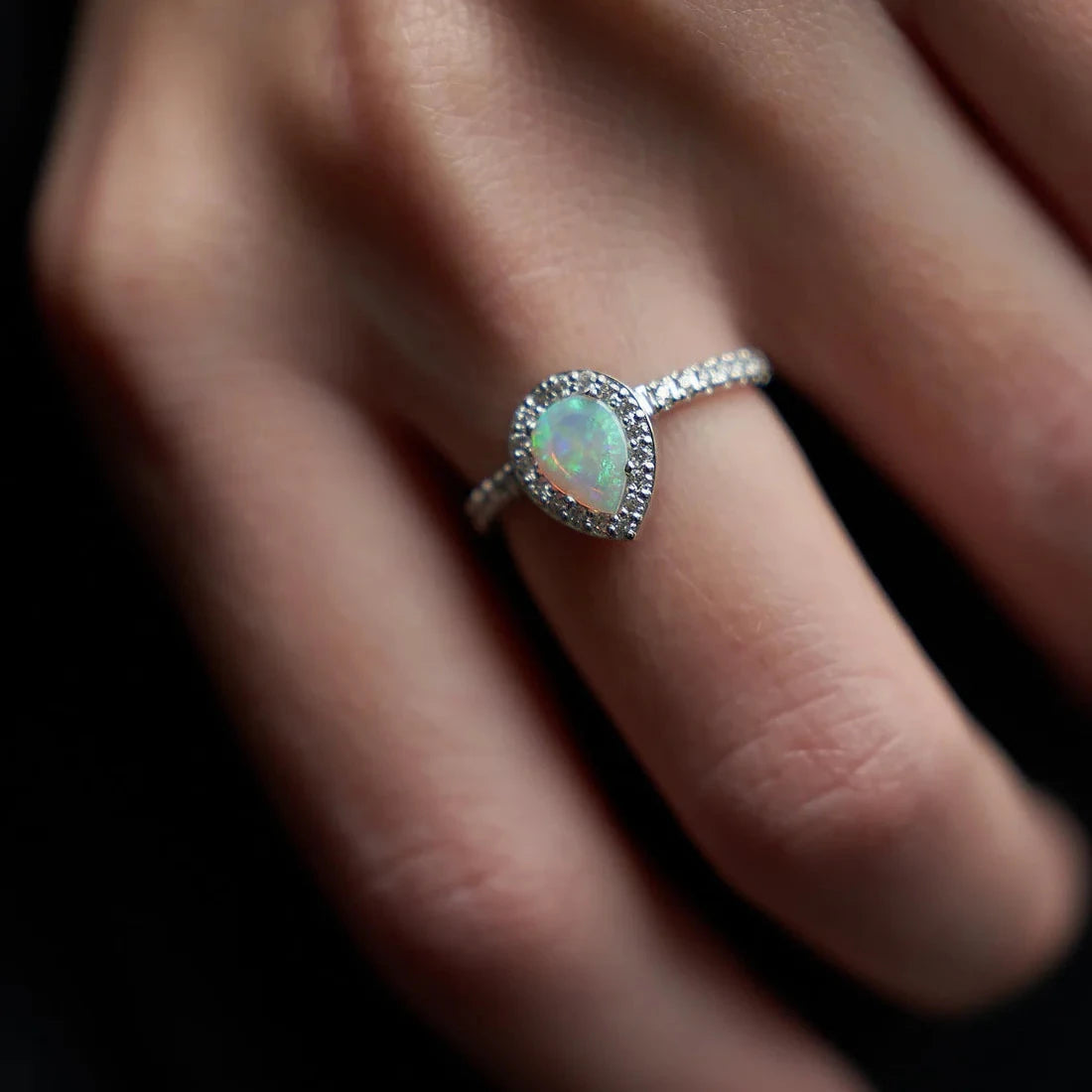 Gold Ring with Pear Opal and Diamonds