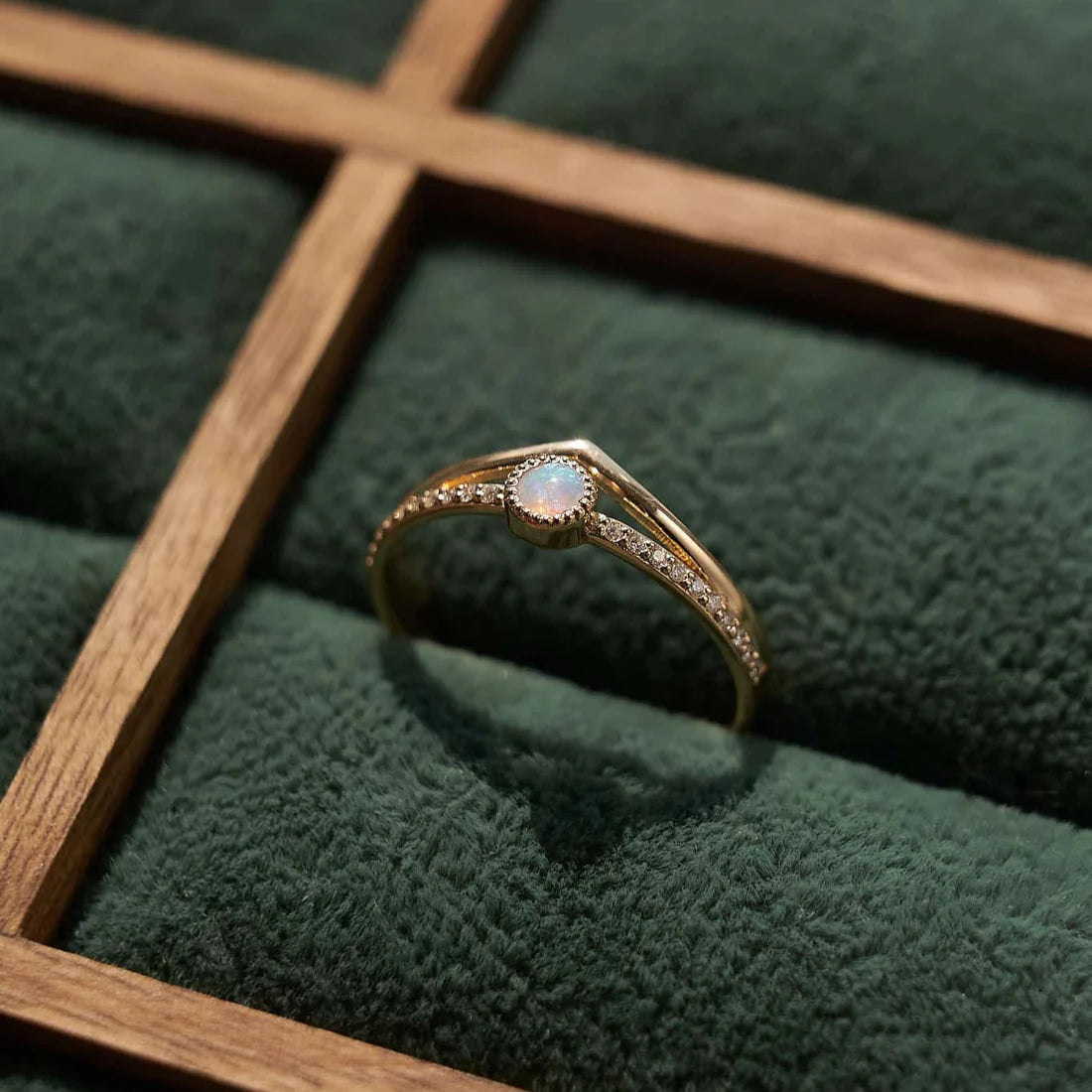 Gold Ring with Round Opal and Diamonds