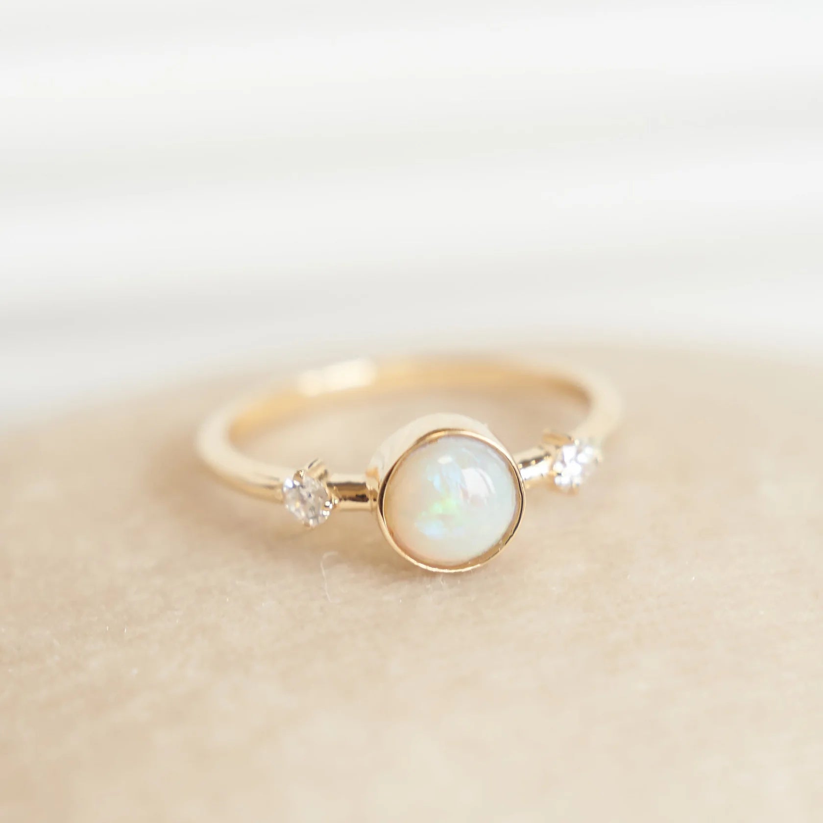 Gold Ring with Round Opal and Diamonds