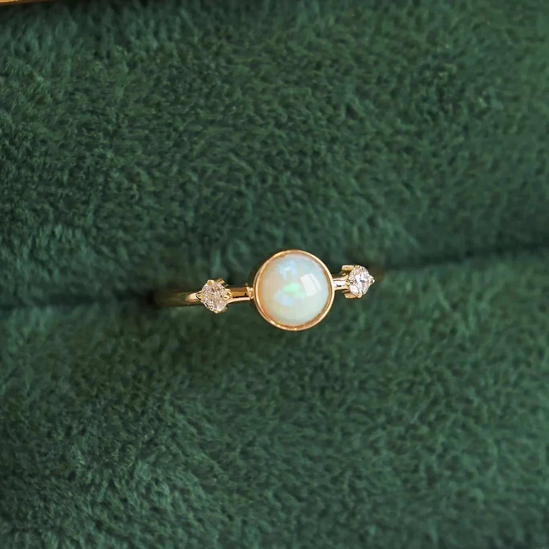 Gold Ring with Round Opal and Diamonds