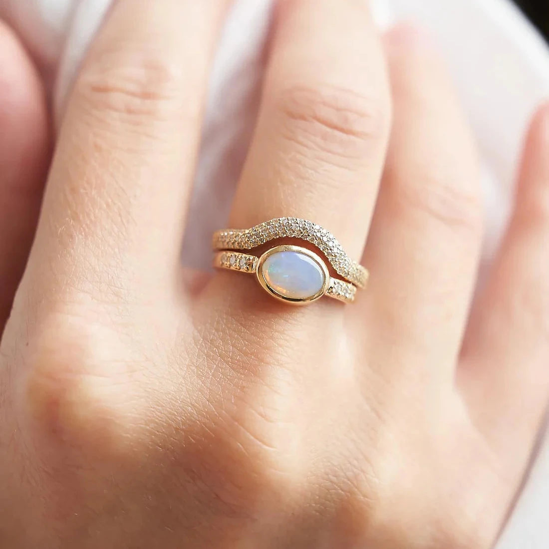 Gold Ring with Oval Opal and Diamonds