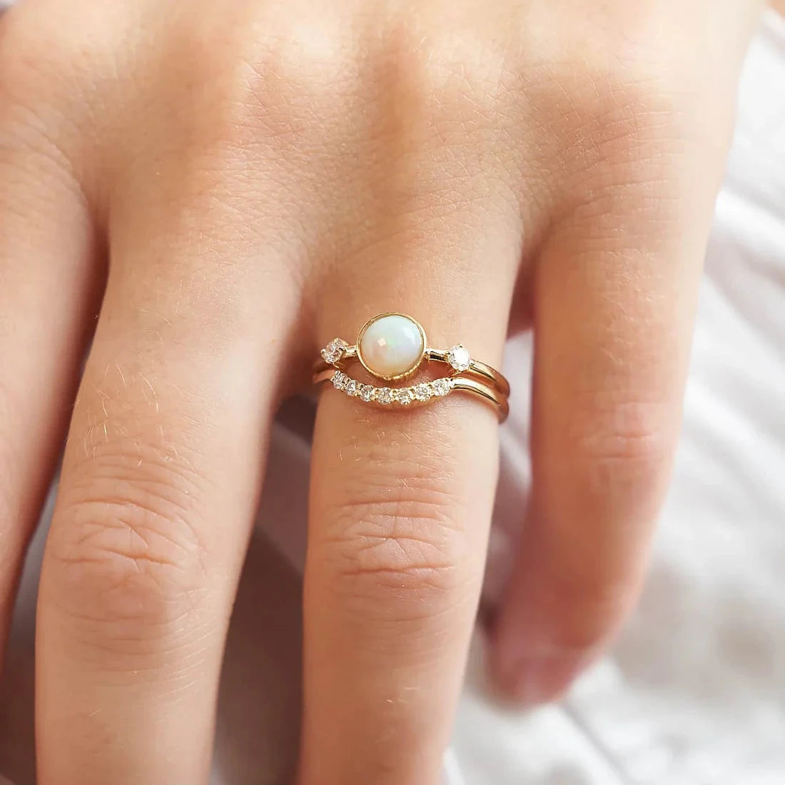 Gold Ring with Round Opal and Diamonds