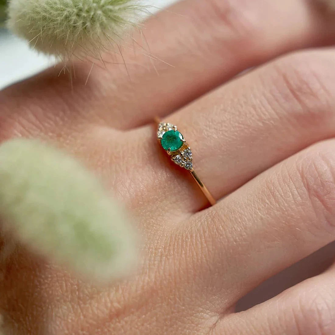 Gold Ring with Round cut Emerald and Diamonds