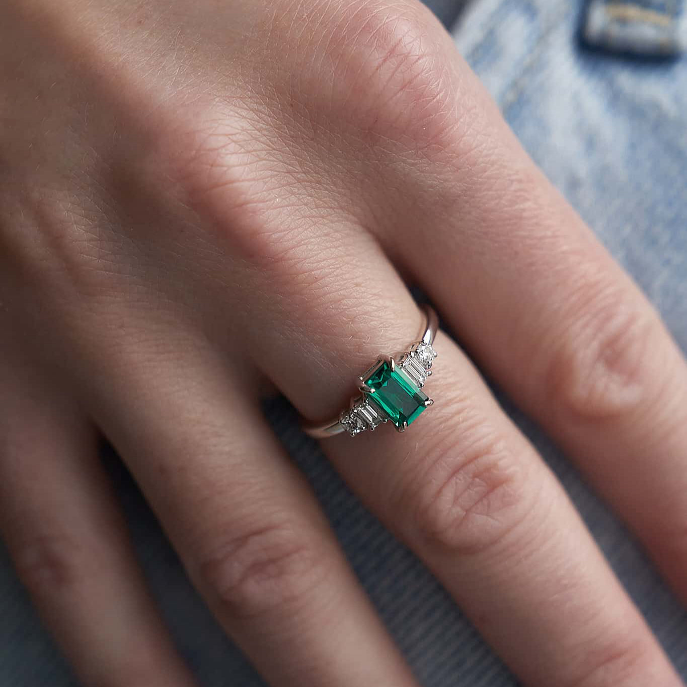 Gold Ring with Emerald cut Emerald and Diamonds