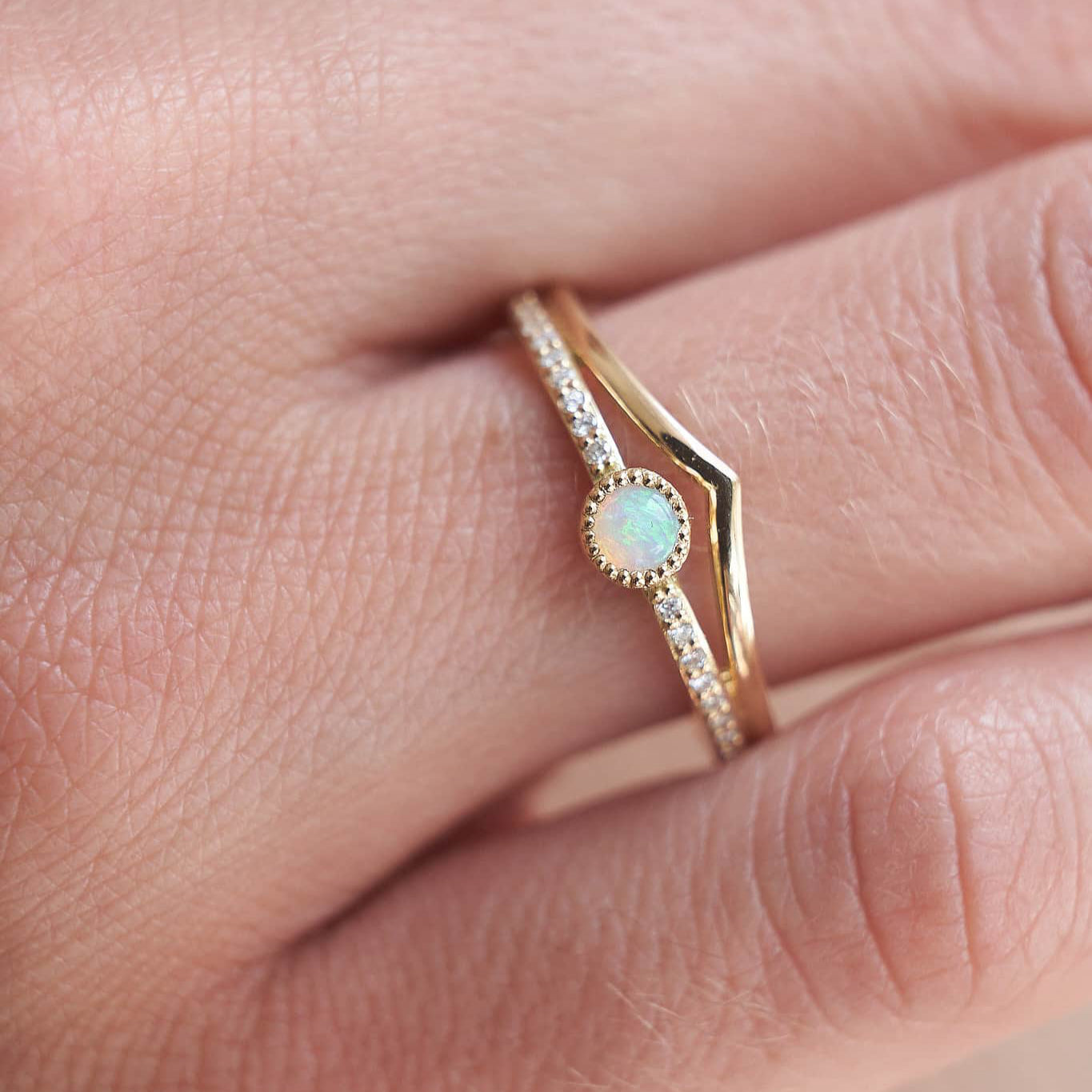 Gold Ring with Round Opal and Diamonds