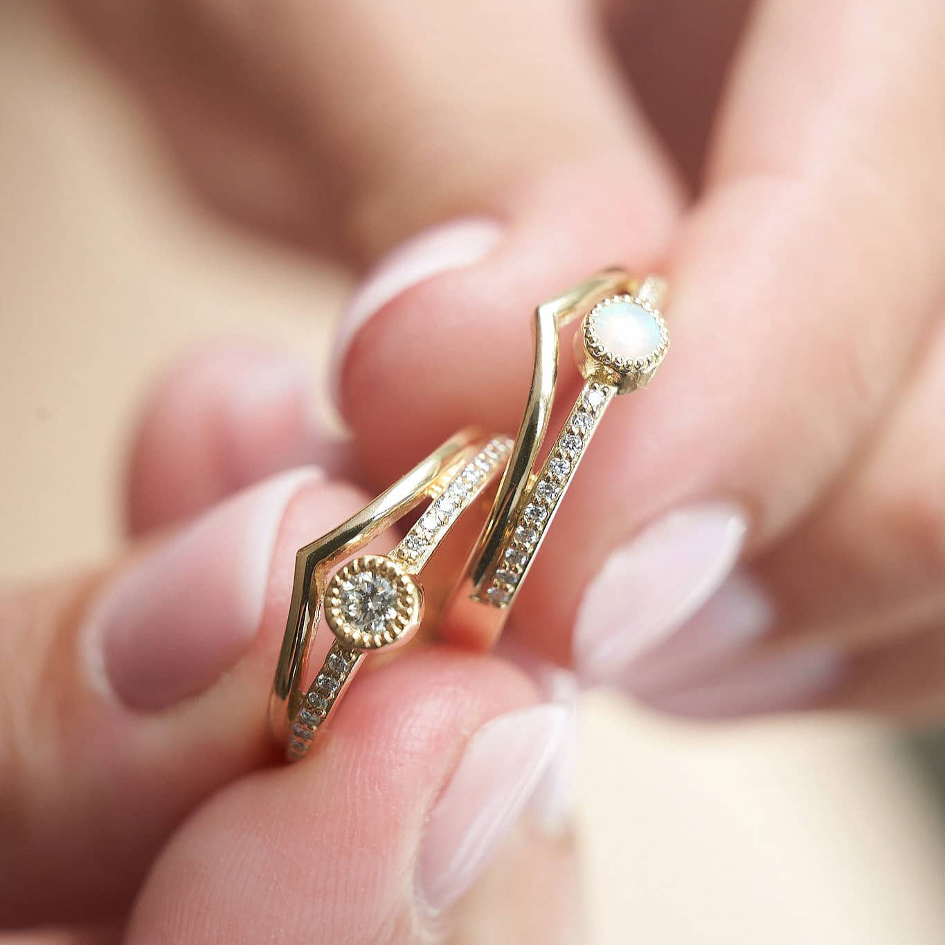 Gold Ring with Round Opal and Diamonds