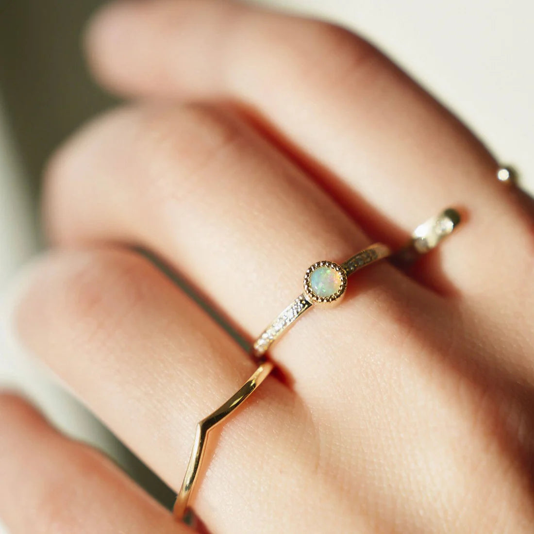 Gold Ring with Round Opal and Diamonds