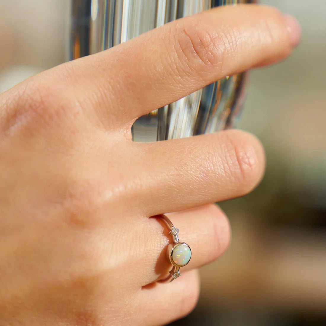 Gold Ring with Round Opal and Diamonds