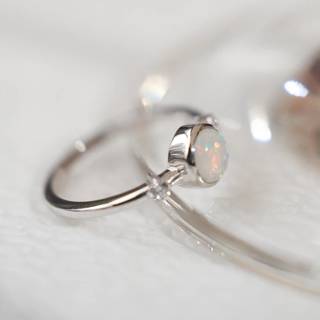 Gold Ring with Round Opal and Diamonds