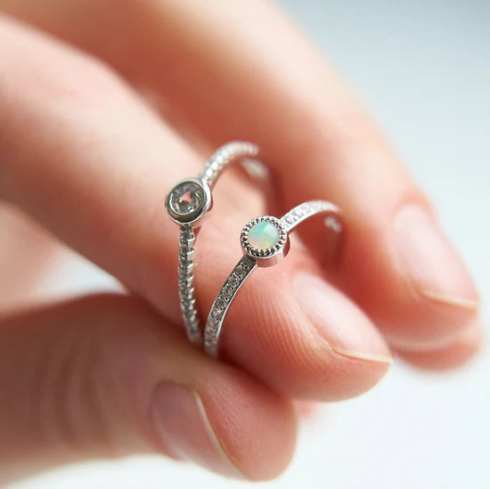 Gold Ring with Round Opal and Diamonds
