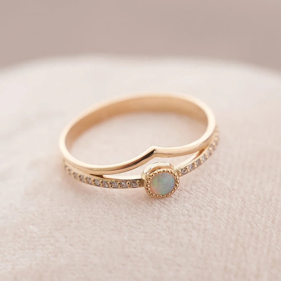 Gold Ring with Round Opal and Diamonds