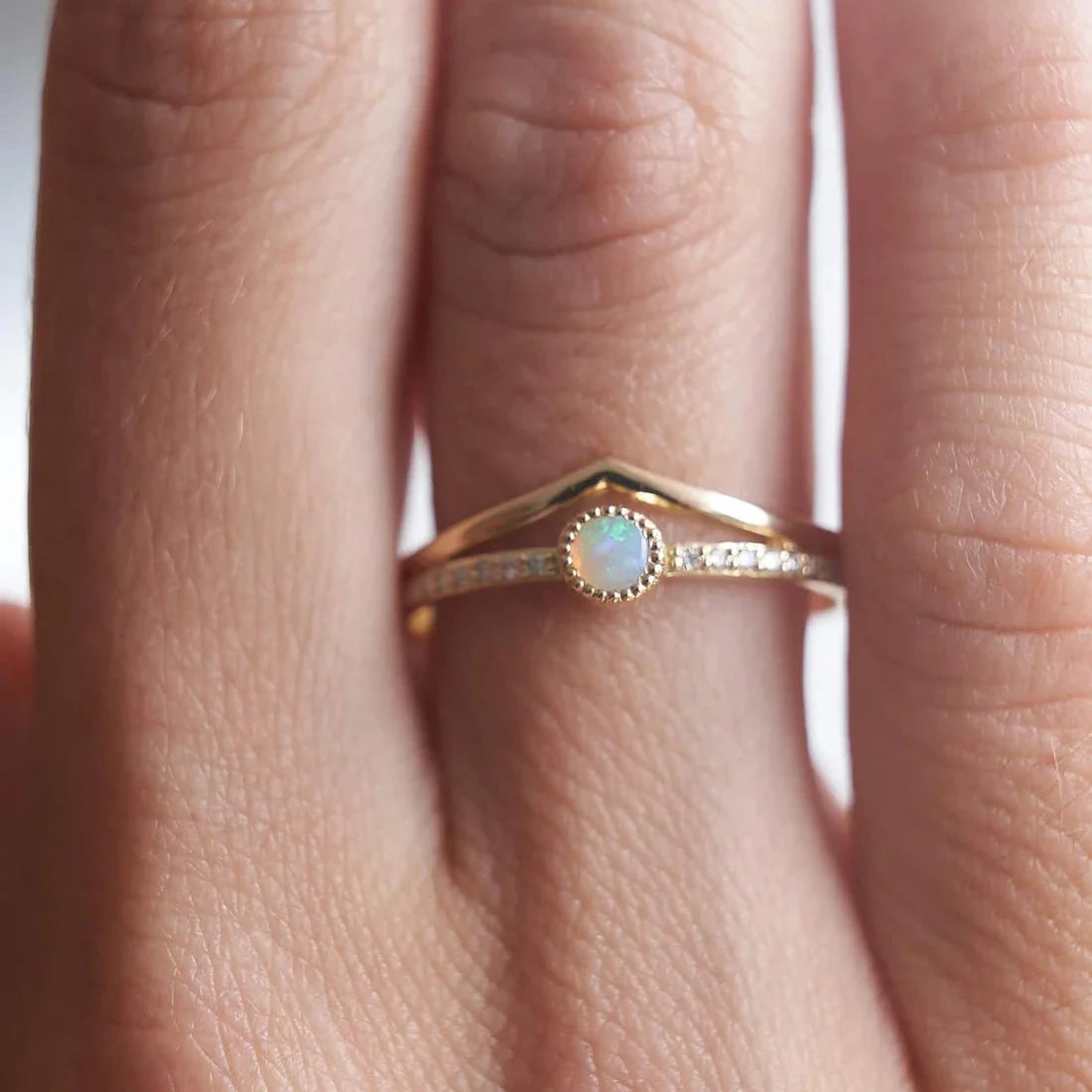 Gold Ring with Round Opal and Diamonds