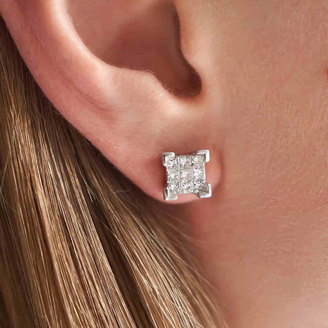 Gold Stud Earrings with Princess Diamonds