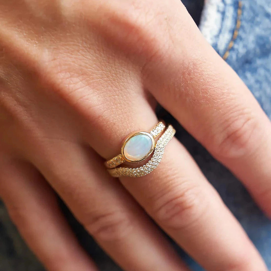 Gold Ring with Oval Opal and Diamonds