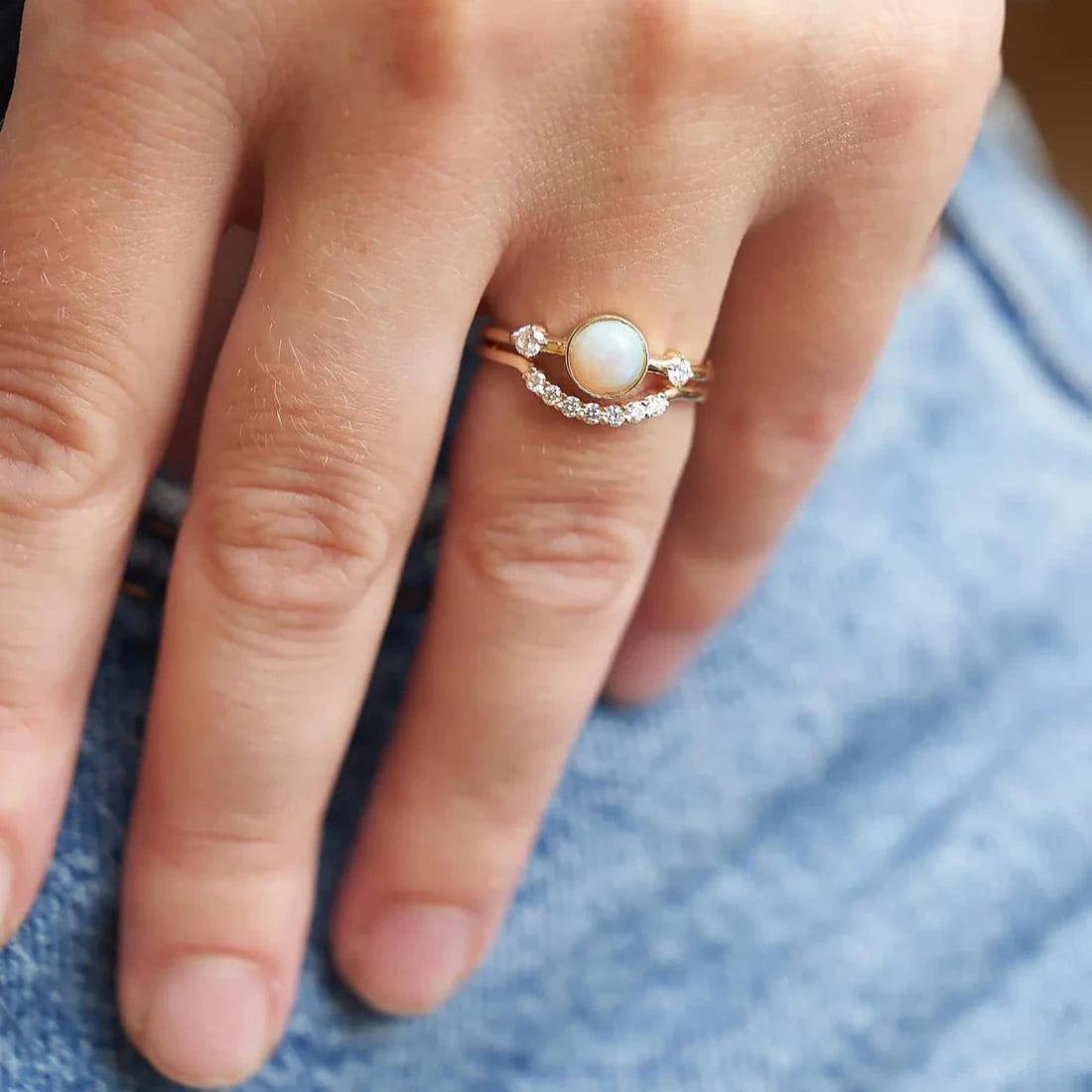 Gold Ring with Round Opal and Diamonds