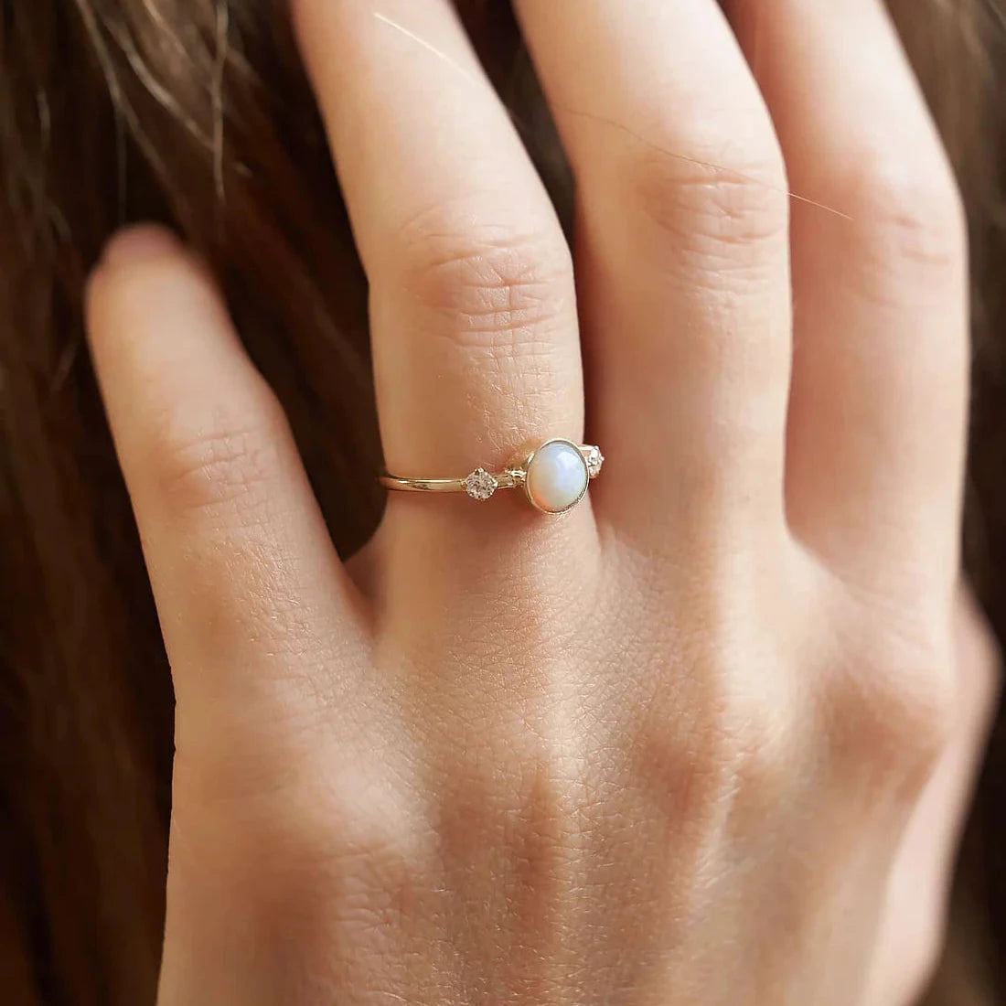 Gold Ring with Round Opal and Diamonds