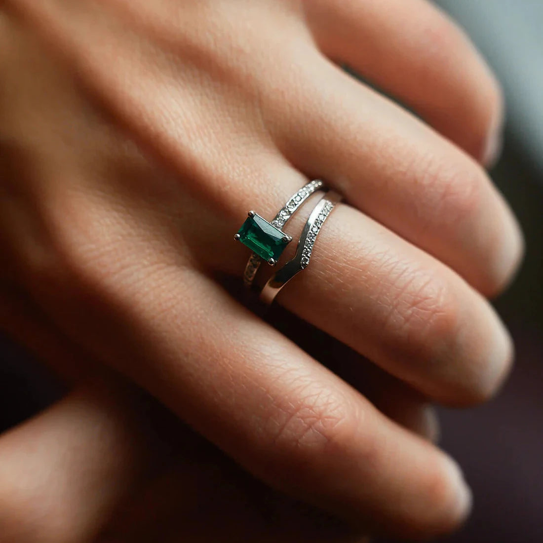 Gold Ring with Emerald cut Emerald and Diamonds