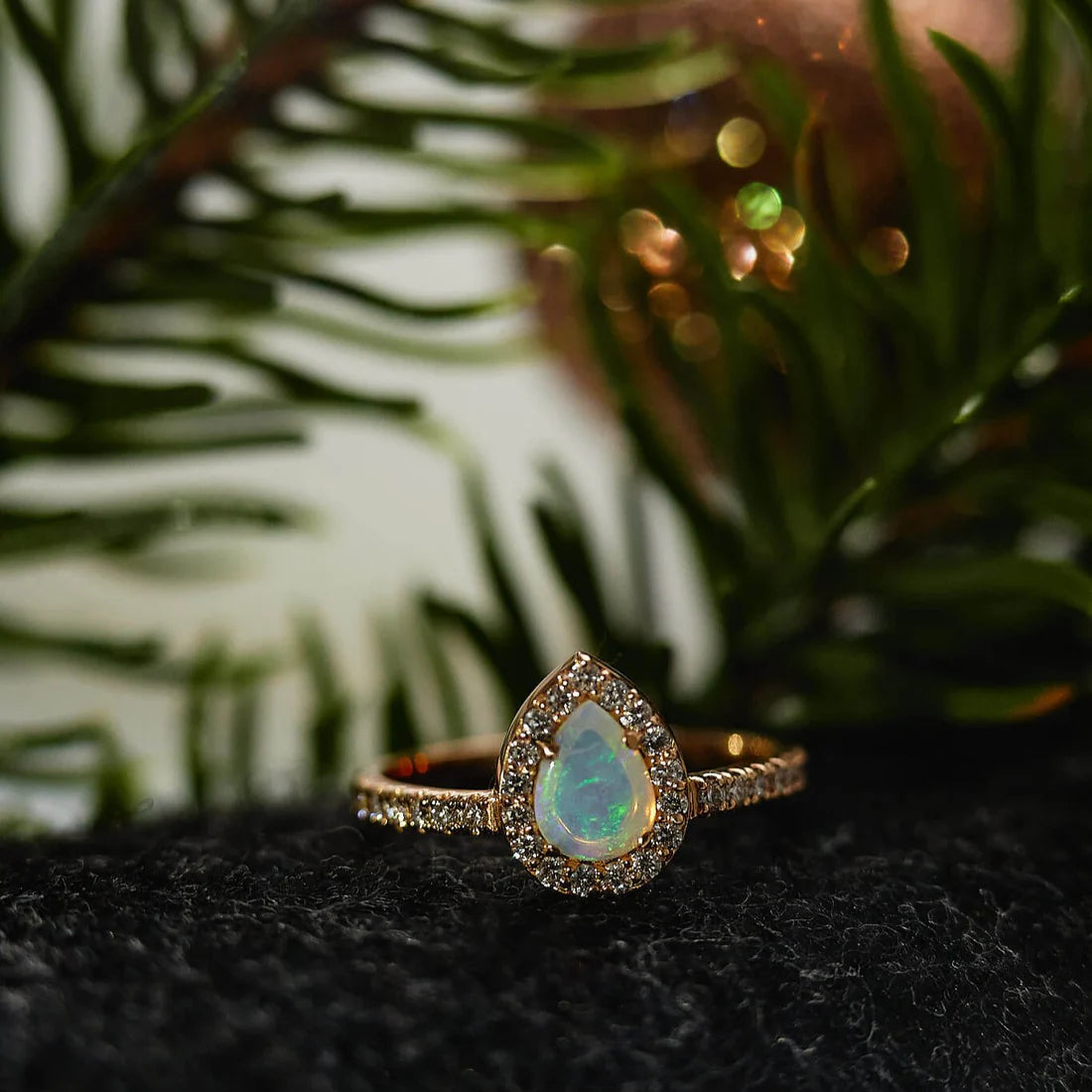 Gold Ring with Pear Opal and Diamonds