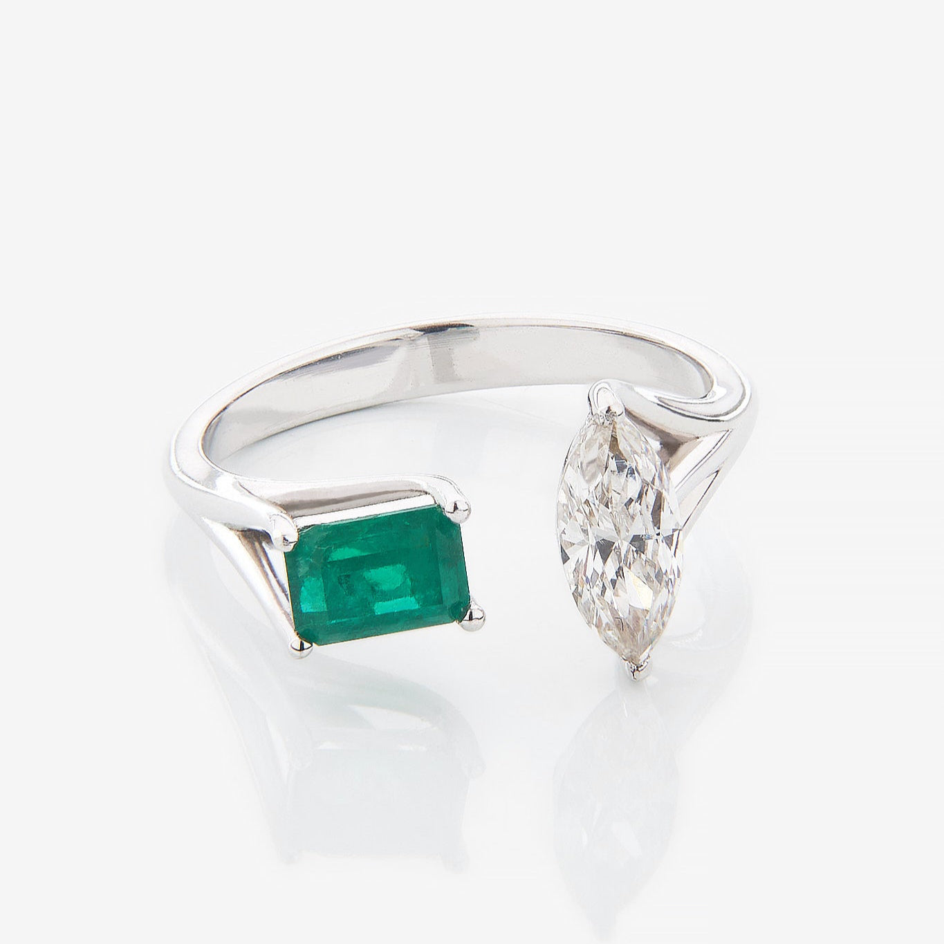 Gold Ring with Emerald cut Emerald and Marquise Diamond